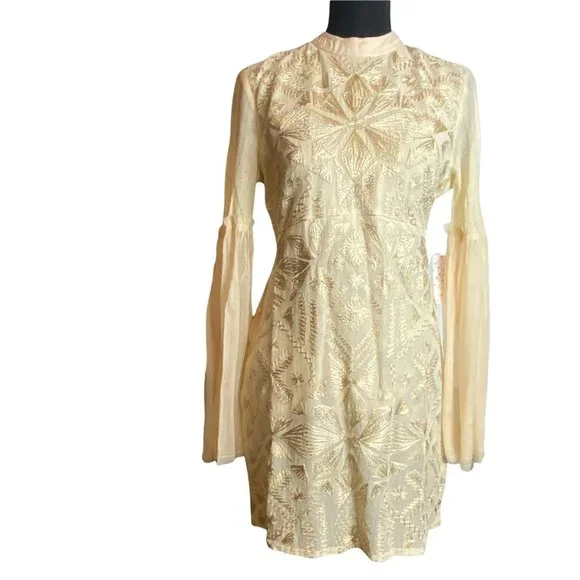 🌬️ Free People Womens Cleo Embroidered Cream Boho Mini Dress 🌾 - Picture 3 of 13